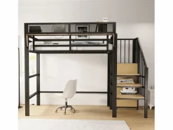 ModernLuxe Cama altillo 90×200 cm - con escalera - almacenamiento modular - metal - (sin colchón) Negro Clearance