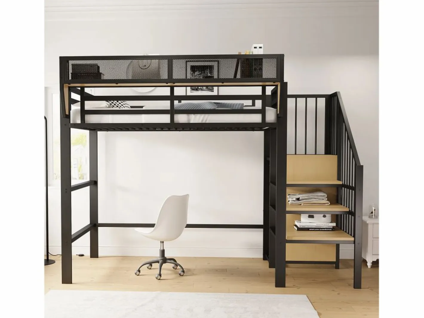 ModernLuxe Cama altillo 90×200 cm - con escalera - almacenamiento modular - metal - (sin colchón) Negro Clearance