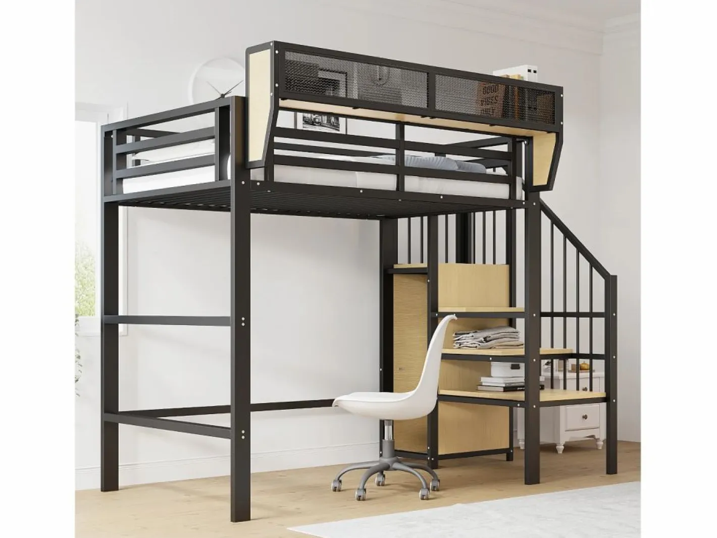 ModernLuxe Cama altillo 90×200 cm - con escalera - almacenamiento modular - metal - (sin colchón) Negro Clearance