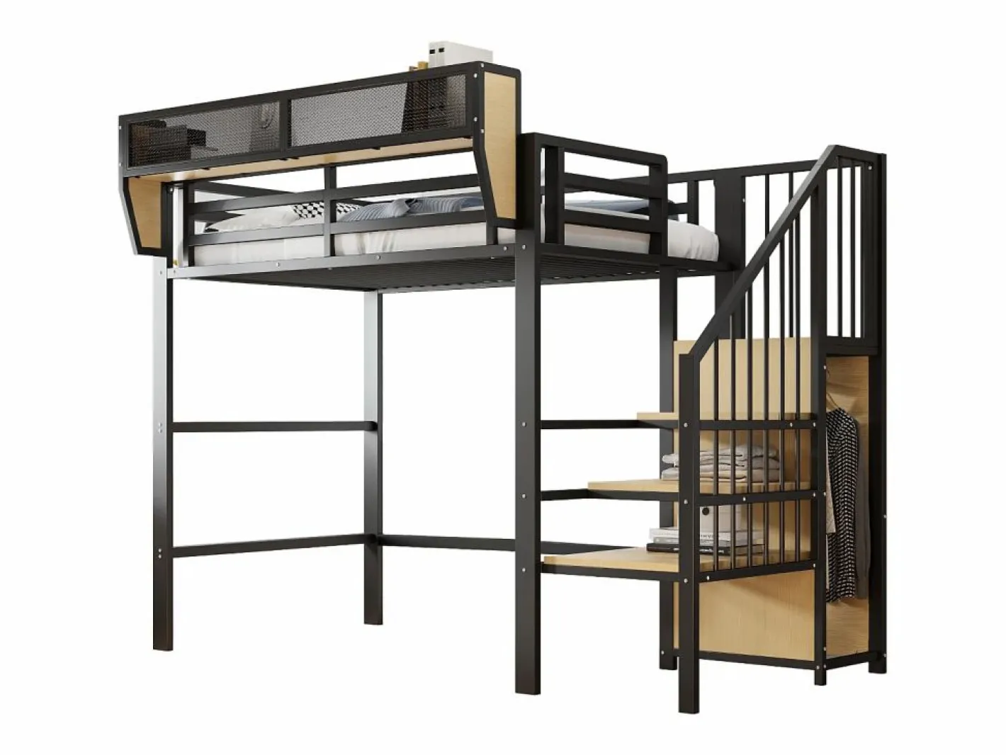 ModernLuxe Cama altillo 90×200 cm - con escalera - almacenamiento modular - metal - (sin colchón) Negro Clearance