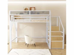ModernLuxe Cama Alta|Cama altillo 140×200 cm - con escalera - almacenamiento modular - metal - (sin colchón)