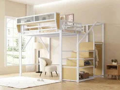ModernLuxe Cama Alta|Cama altillo 140×200 cm - con escalera - almacenamiento modular - metal - (sin colchón)