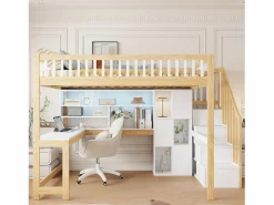 ModernLuxe Cama Alta|Cama altillo 140×200 cm - con iluminación LED - con escalera de almacenamiento - con estantes - con escritorio - Blanco + Natural (colchón no incluido)