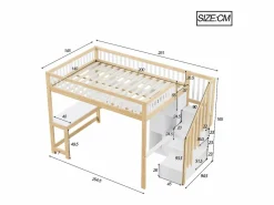 ModernLuxe Cama Alta|Cama altillo 140×200 cm - con iluminación LED - con escalera de almacenamiento - con estantes - con escritorio - Blanco + Natural (colchón no incluido)