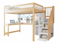 ModernLuxe Cama Alta|Cama altillo 140×200 cm - con iluminación LED - con escalera de almacenamiento - con estantes - con escritorio - Blanco + Natural (colchón no incluido)