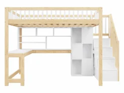ModernLuxe Cama Alta|Cama altillo 140×200 cm - con iluminación LED - con escalera de almacenamiento - con estantes - con escritorio - Blanco + Natural (colchón no incluido)
