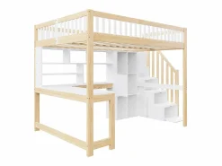 ModernLuxe Cama Alta|Cama altillo 140×200 cm - con iluminación LED - con escalera de almacenamiento - con estantes - con escritorio - Blanco + Natural (colchón no incluido)
