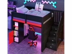 ModernLuxe Cama altillo de madera 140x200cm con LED y puerto USB - Escritorio y armario - Escalera de almacenamiento - Negro + Rojo​ (sin colchón) Negro / Rojo Discount