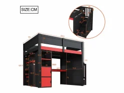ModernLuxe Cama altillo de madera 140x200cm con LED y puerto USB - Escritorio y armario - Escalera de almacenamiento - Negro + Rojo​ (sin colchón) Negro / Rojo Discount