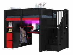 ModernLuxe Cama altillo de madera 140x200cm con LED y puerto USB - Escritorio y armario - Escalera de almacenamiento - Negro + Rojo​ (sin colchón) Negro / Rojo Discount