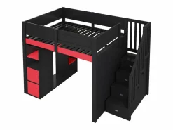 ModernLuxe Cama altillo de madera 140x200cm con LED y puerto USB - Escritorio y armario - Escalera de almacenamiento - Negro + Rojo​ (sin colchón) Negro / Rojo Discount