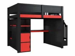 ModernLuxe Cama altillo de madera 140x200cm con LED y puerto USB - Escritorio y armario - Escalera de almacenamiento - Negro + Rojo​ (sin colchón) Negro / Rojo Discount