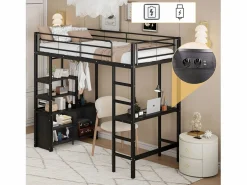 ModernLuxe Cama altillo de metal 90x200 cm - con escritorio + tomas USB + barreras - Negro Discount