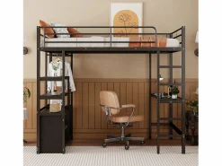 ModernLuxe Cama altillo de metal 90x200 cm - con escritorio + tomas USB + barreras - Negro Discount