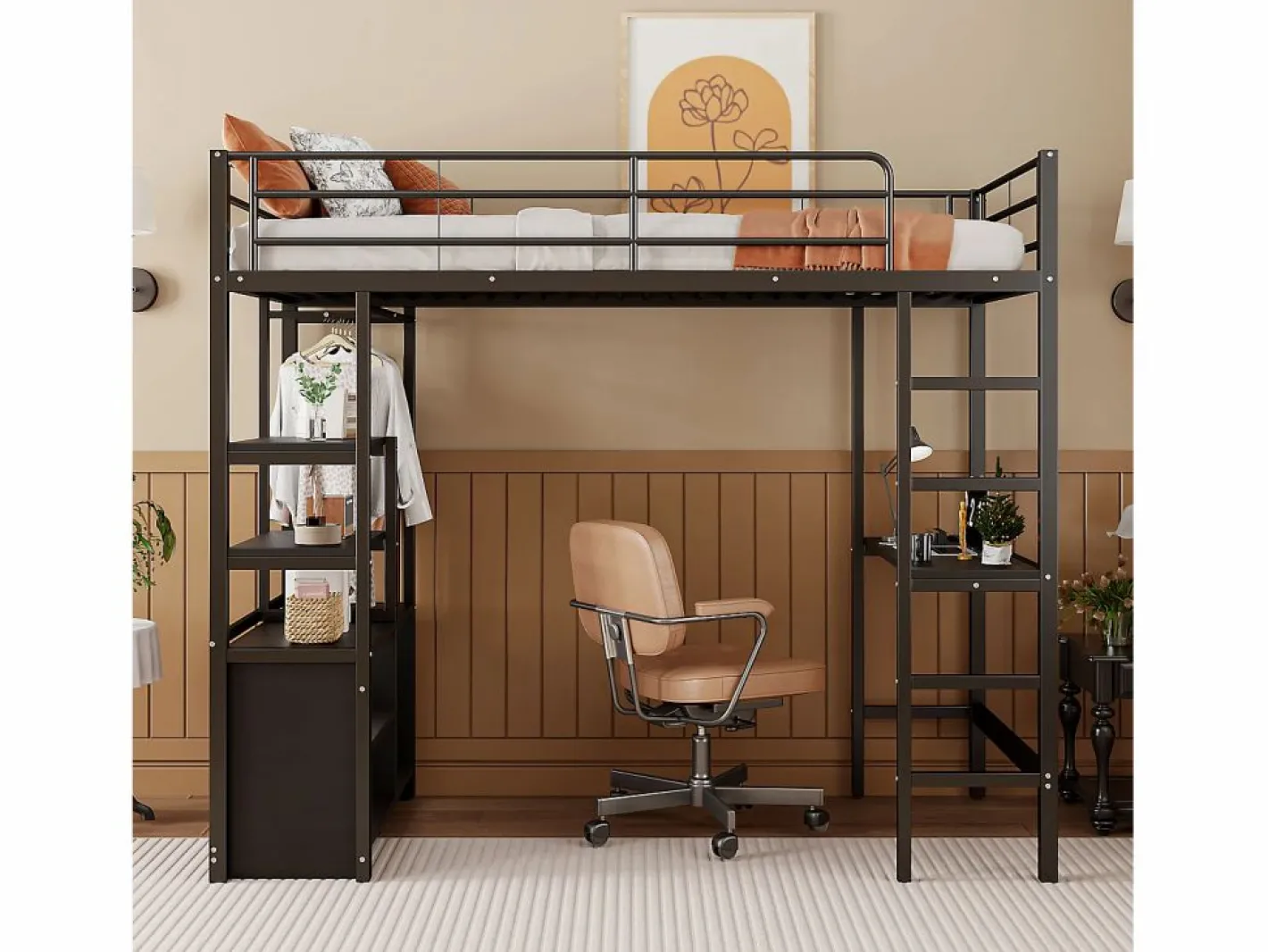 ModernLuxe Cama altillo de metal 90x200 cm - con escritorio + tomas USB + barreras - Negro Discount