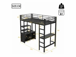 ModernLuxe Cama altillo de metal 90x200 cm - con escritorio + tomas USB + barreras - Negro Discount