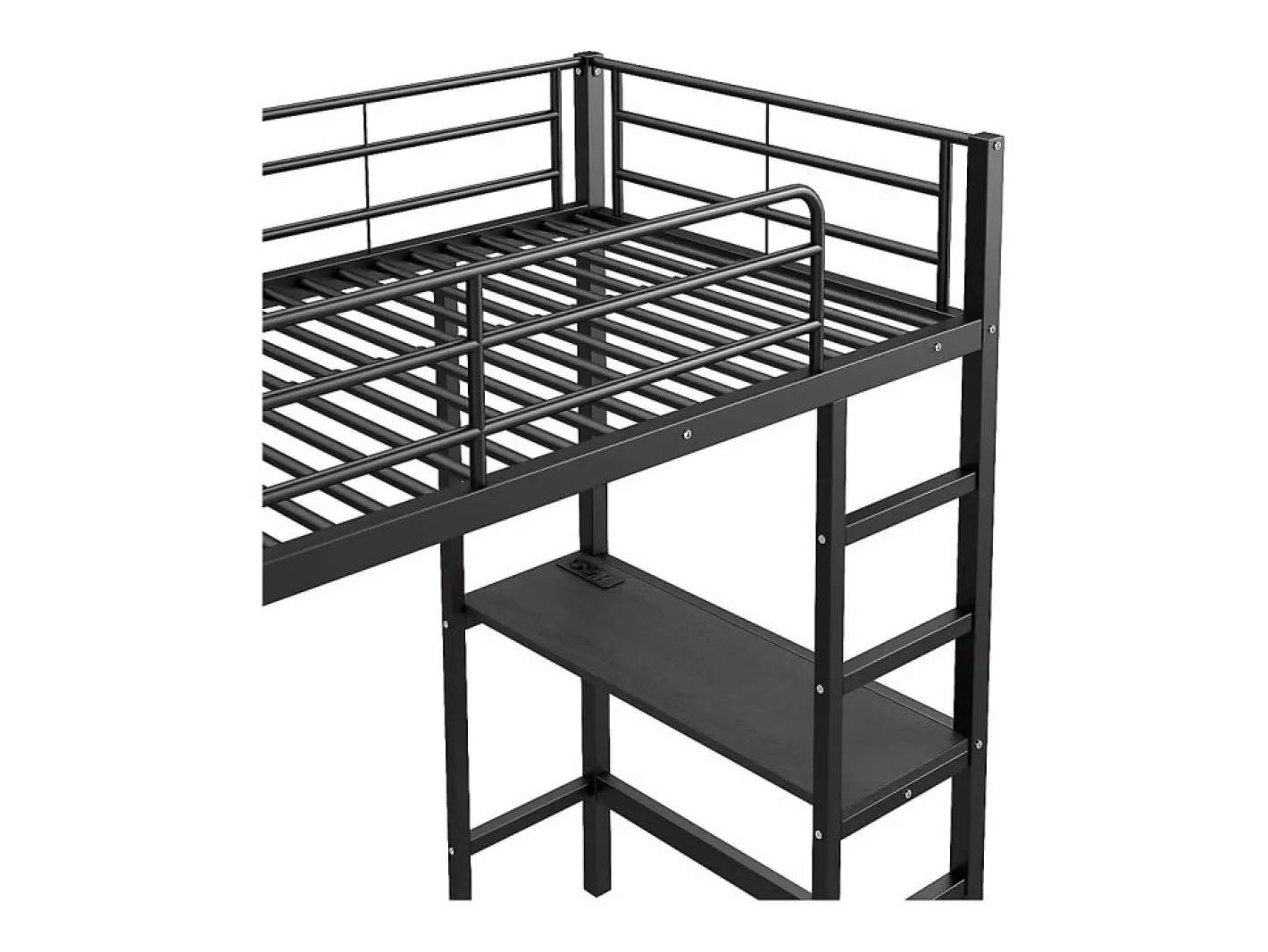 ModernLuxe Cama altillo de metal 90x200 cm - con escritorio + tomas USB + barreras - Negro Discount