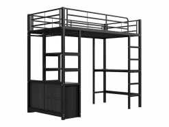 ModernLuxe Cama altillo de metal 90x200 cm - con escritorio + tomas USB + barreras - Negro Discount