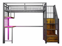 Cama altillo de metal 90x200 cm - con iluminación LED y toma de carga - incluye escalera de almacenamiento - con estantes y escritorio -^ModernLuxe New