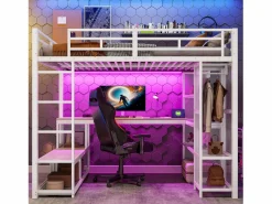 ModernLuxe Cama Alta|Cama altillo de metal 140x200 cm - con escritorio y estantes - con perchero abierto - Puerto USB e iluminación LED - ​ (sin colchón)