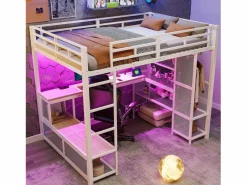 ModernLuxe Cama Alta|Cama altillo de metal 140x200 cm - con escritorio y estantes - con perchero abierto - Puerto USB e iluminación LED - ​ (sin colchón)