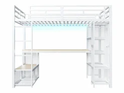ModernLuxe Cama Alta|Cama altillo de metal 140x200 cm - con escritorio y estantes - con perchero abierto - Puerto USB e iluminación LED - ​ (sin colchón)