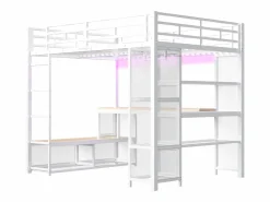 ModernLuxe Cama Alta|Cama altillo de metal 140x200 cm - con escritorio y estantes - con perchero abierto - Puerto USB e iluminación LED - ​ (sin colchón)