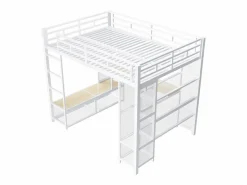 ModernLuxe Cama Alta|Cama altillo de metal 140x200 cm - con escritorio y estantes - con perchero abierto - Puerto USB e iluminación LED - ​ (sin colchón)