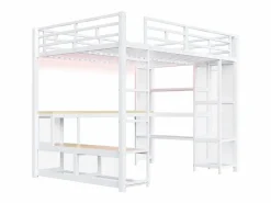 ModernLuxe Cama Alta|Cama altillo de metal 140x200 cm - con escritorio y estantes - con perchero abierto - Puerto USB e iluminación LED - ​ (sin colchón)