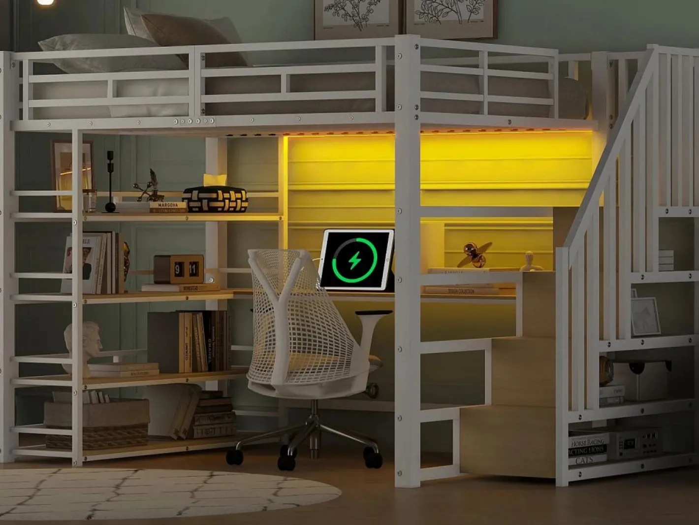 ModernLuxe Cama altillo de metal 140x200cm - con escritorio y compartimentos de almacenamiento - con luz LED y puerto USB - MDF - (colchón no incluido) Blanco Clearance