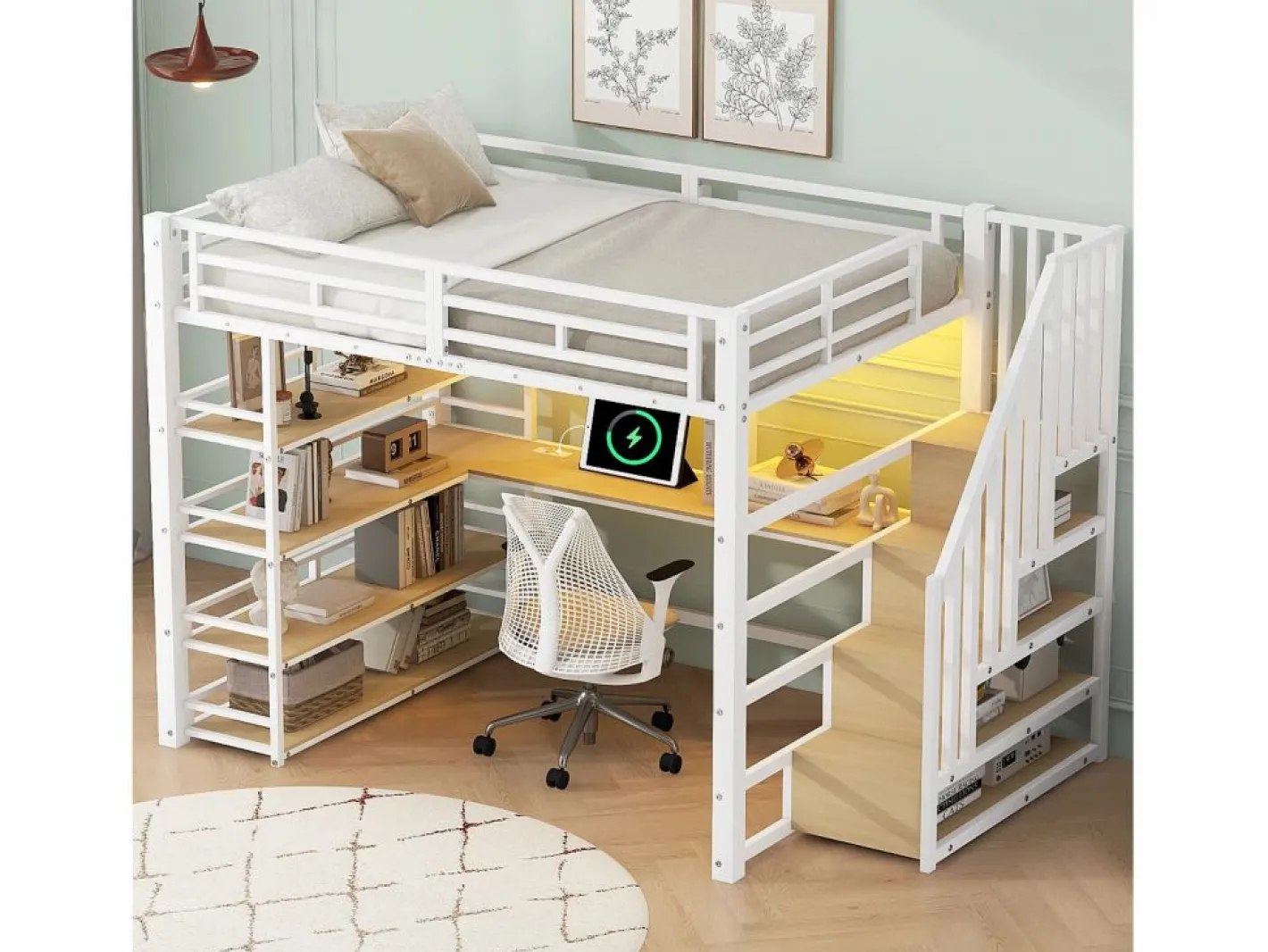 ModernLuxe Cama altillo de metal 140x200cm - con escritorio y compartimentos de almacenamiento - con luz LED y puerto USB - MDF - (colchón no incluido) Blanco Clearance