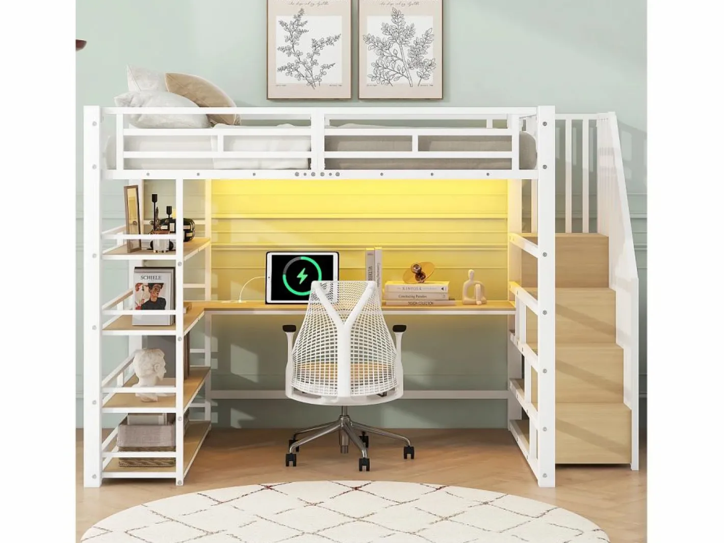 ModernLuxe Cama altillo de metal 140x200cm - con escritorio y compartimentos de almacenamiento - con luz LED y puerto USB - MDF - (colchón no incluido) Blanco Clearance