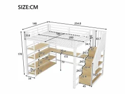 ModernLuxe Cama altillo de metal 140x200cm - con escritorio y compartimentos de almacenamiento - con luz LED y puerto USB - MDF - (colchón no incluido) Blanco Clearance