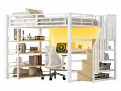 ModernLuxe Cama altillo de metal 140x200cm - con escritorio y compartimentos de almacenamiento - con luz LED y puerto USB - MDF - (colchón no incluido) Blanco Clearance