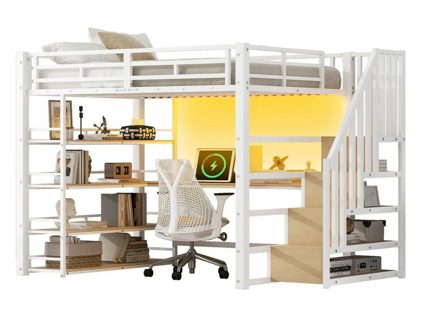 ModernLuxe Cama altillo de metal 140x200cm - con escritorio y compartimentos de almacenamiento - con luz LED y puerto USB - MDF - (colchón no incluido) Blanco Clearance