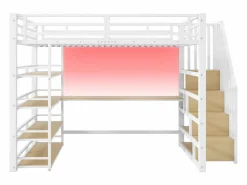 ModernLuxe Cama altillo de metal 140x200cm - con escritorio y compartimentos de almacenamiento - con luz LED y puerto USB - MDF - (colchón no incluido) Blanco Clearance