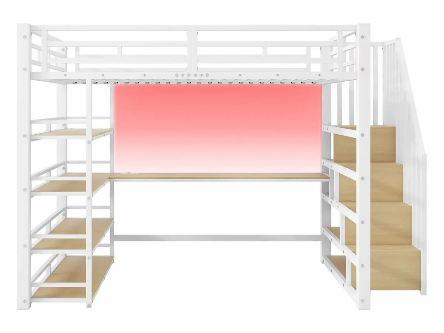 ModernLuxe Cama altillo de metal 140x200cm - con escritorio y compartimentos de almacenamiento - con luz LED y puerto USB - MDF - (colchón no incluido) Blanco Clearance