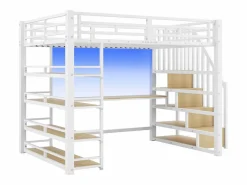 ModernLuxe Cama altillo de metal 140x200cm - con escritorio y compartimentos de almacenamiento - con luz LED y puerto USB - MDF - (colchón no incluido) Blanco Clearance