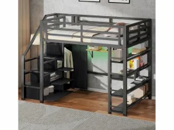 ModernLuxe Cama Alta|Cama Infantil|Cama altillo de metal 140x200cm - con LED - escalera de almacenamiento - con armario y estantes - ​ (sin colchón)