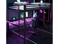 ModernLuxe Cama altillo de metal 160x200cm - con escritorio - con iluminación LED y puerto de carga USB - ​ (sin colchón) Negro