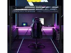 ModernLuxe Cama altillo de metal 160x200cm - con escritorio - con iluminación LED y puerto de carga USB - ​ (sin colchón) Negro