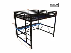 ModernLuxe Cama altillo de metal 160x200cm - con escritorio - con iluminación LED y puerto de carga USB - ​ (sin colchón) Negro