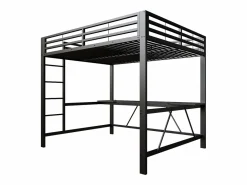 ModernLuxe Cama altillo de metal 160x200cm - con escritorio - con iluminación LED y puerto de carga USB - ​ (sin colchón) Negro