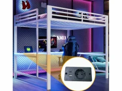 Cama altillo de metal 160x200cm - con escritorio - con iluminación LED y puerto de carga USB - ​ (sin colchón)^ModernLuxe Outlet