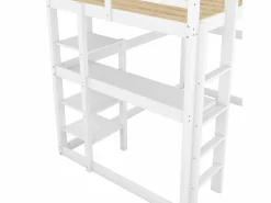 ModernLuxe Cama Alta|Cama altillo de pino macizo de 140x200 cm con escritorio y estantes -