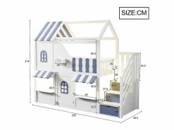 Cama altillo infantil 90 x 200 cm - con escalera de almacenamiento - con luz LED - con 1 puerta - blanco + azul​ (colchón no incluido)^ModernLuxe New