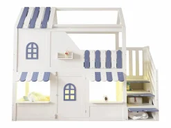 Cama altillo infantil 90 x 200 cm - con escalera de almacenamiento - con luz LED - con 1 puerta - blanco + azul​ (colchón no incluido)^ModernLuxe New