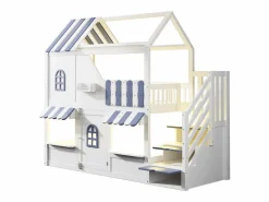 Cama altillo infantil 90 x 200 cm - con escalera de almacenamiento - con luz LED - con 1 puerta - blanco + azul​ (colchón no incluido)^ModernLuxe New