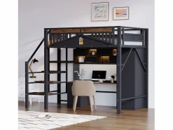 ModernLuxe Cama altillo metálica 140×200 cm - con escalera - con barandillas de seguridad - (colchón no incluido) Negro Sale