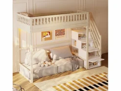 ModernLuxe Cama altillo 90x200 cm - con escalera de seguridad - con barreras de seguridad - con iluminación LED - natural​ (colchón no incluido) Color natural claro / Blanco Online